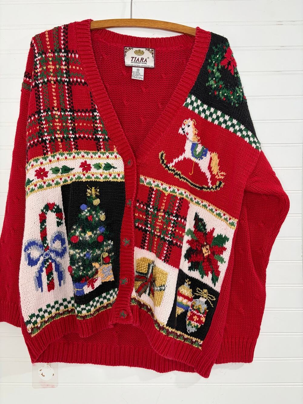 Vintage Christmas Tiara International Red Hand Knit Cardigan Rocking Horse M